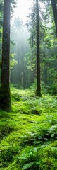 Obraz premium Serene forest with glossy green moss covering ground and tall trees under soft sunlight : Generative AI