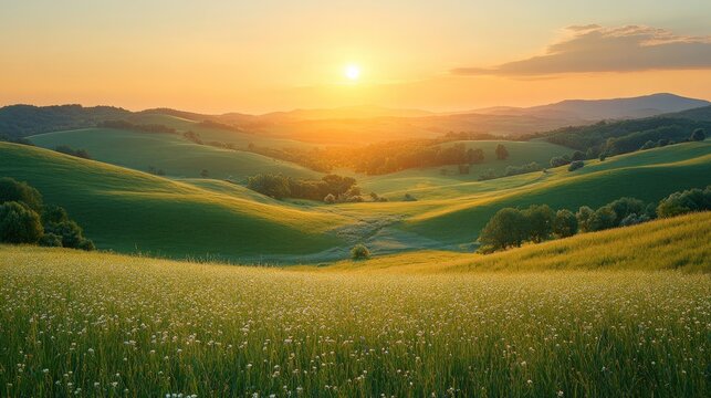Sunset over rolling green hills, wildflowers.