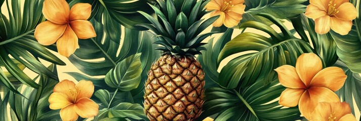 Fototapeta premium Tropical seamless pattern of vibrant pineapples and lush green leaves with bright flowers in a lively design. Generative AI