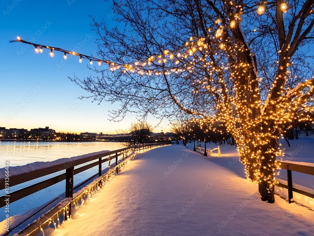 Poster magical winter evening with glittering string lights on snow covered path by lake : generative ai