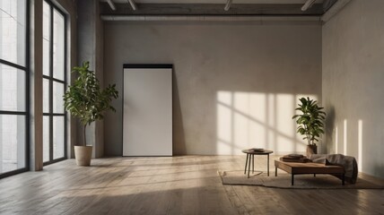 Fototapeta premium A modern living room with a window and floor, featuring an empty interior, open space, and contemporary design in a new apartment