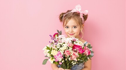 Cute Girl Holding Large Bouquet of Flowers against Pink Background, Portrait with Copy Space