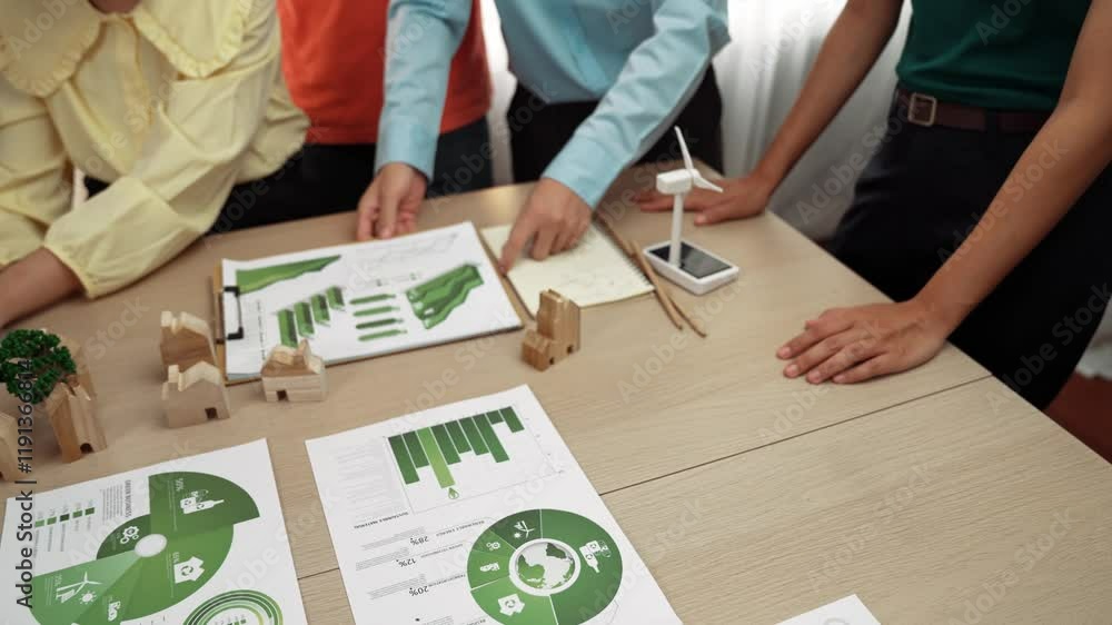 Poster business team consulting and analyzing green power graph usage for future esg of company. windmill m