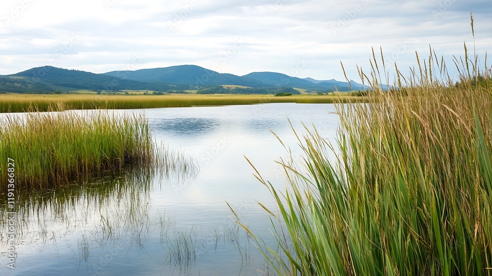 Poster serene lake with reeds and distant hills under a tranquil cloudy sky : generative ai