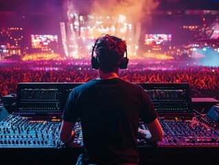 Sound engineer working at mixing panel on a big concert