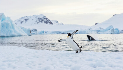 Emperor penguin is flapping its wings playful