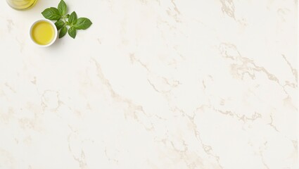 Elegant ivory marble with olive oil and basil leaves   perfect for food blogging or culinary concepts