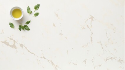 Elegant ivory marble with olive oil and basil leaves   perfect for food blogging or culinary concepts