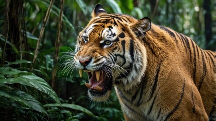 Obraz premium A majestic Siberian tiger, a powerful predator with stripes of gold, surveys its domain from the safety of a zoo enclosure