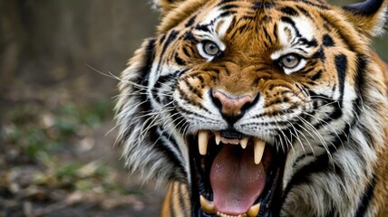Fototapeta premium A close-up portrait of a majestic Bengal tiger, showcasing its powerful face with striking black stripes, piercing yellow eyes, and thick, luxurious fur