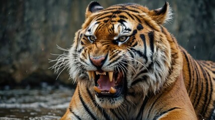 Naklejka premium Portrait of a majestic Bengal tiger, a powerful predator with striking stripes, gazing intently from its zoo enclosure