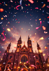 Fototapeta premium Gothic cathedral under festive confetti at dusk celebrates vibrant evening sky. German carnival season