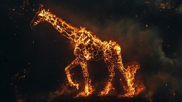 Ethereal Giraffe on Fire Walking Through a Dark Landscape