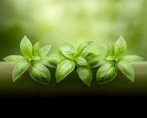 Fresh basil leaves on wooden surface, green blurred background, healthy food concept, website banner