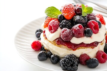 Delicious Pancake with Fresh Berries and Whipped Cream on a White Plate : Generative AI