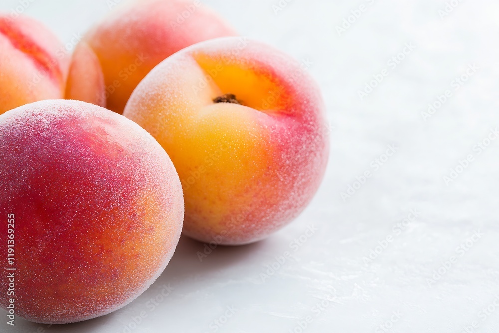 Aufkleber frosty ripe peaches with ice crystals on white background for freshness concept : generative ai