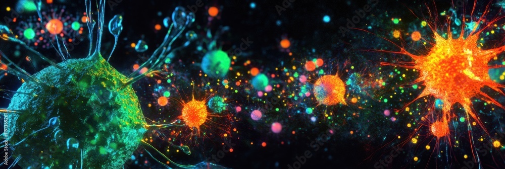 Leinwandbilder viruses invading cells and interacting with the immune response in a scientific illustration of micr