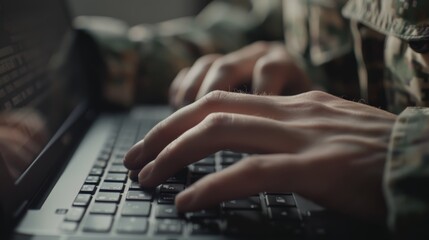 Soldier using a computer in a military command center for cyber intelligence analysis and secure communication in an army office