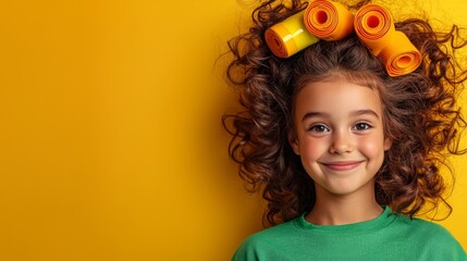 Young girl with curly hair and colorful rollers smiles against a bright yellow background