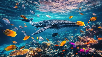 Fototapeta premium Whale gliding gracefully through vibrant school of fish in coral reef at midday. Generative AI