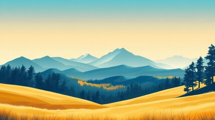 Obraz premium Serene Mountain Landscape with Golden Fields and Dark Trees