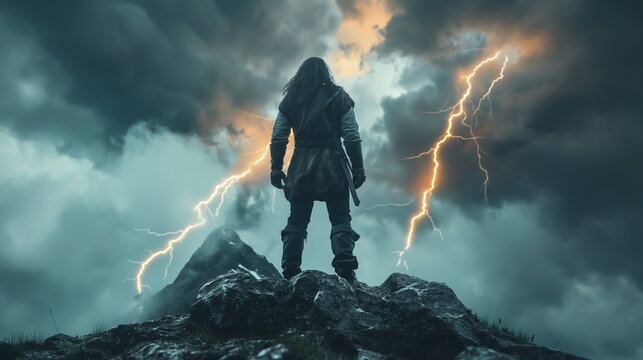 Perun standing on the top of a mountain with light_003