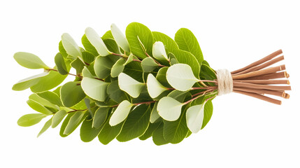 Fresh eucalyptus bouquet tied with twigs, isolated on white background; ideal for home decor, wedding, or spa imagery