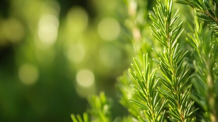 Close-Up View of Lush Rosemary Plant with Green Needles and Soft Focus Background : Generative AI