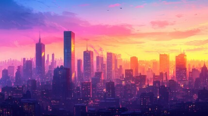 Vibrant Sunset Over Bustling City Skyline