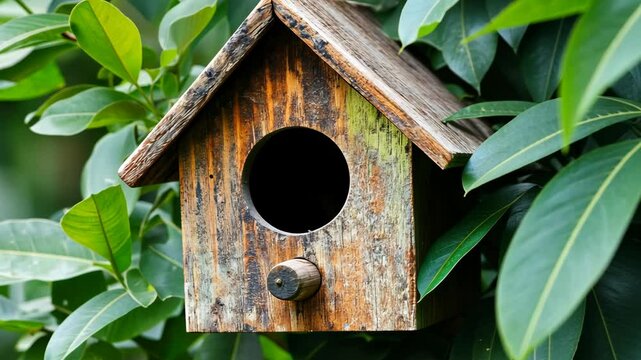 Rustic wooden birdhouse hanging in lush green foliage, inviting feathered visitors for nesting in a tranquil garden setting