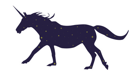 Unicorn dark blue silhouette with stars isolated on white background. Line drawn magic black horse running icon, side view. Shadow fairy tale dreams horny animal clip art symbol, vector design eps 10