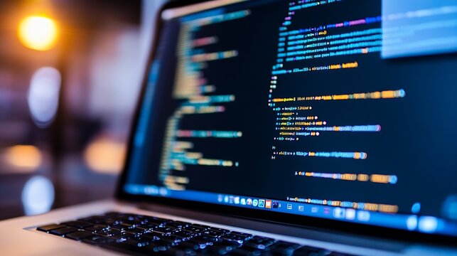 Colorful Computer Code Display on a Laptop Screen in Dark Setting : Generative AI