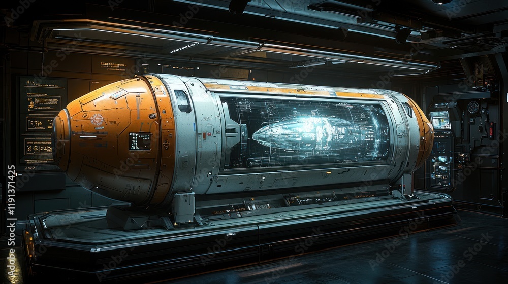 Poster futuristic spacecraft prototype displayed in a high-tech facility