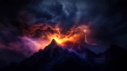 Fototapeta premium Fiery Mountaintop Storm: A Dramatic Landscape