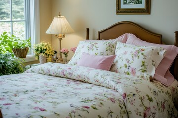 A bedroom with a spring garden theme, floral bedding, and soft pink accents
