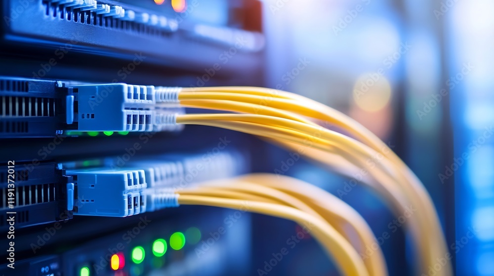 Leinwandbilder Networking server with yellow cables and LED indicators in a data center environment : Generative AI