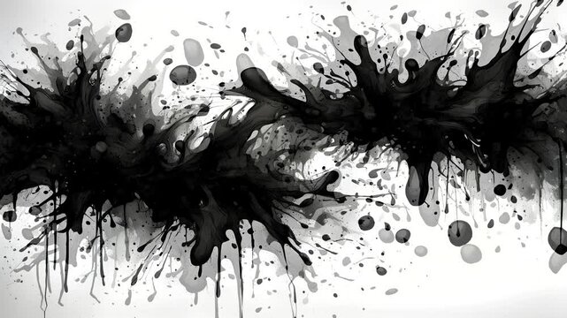 Abstract black ink splashes on a white background, creating a dynamic visual effect.
