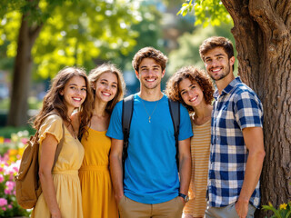 Obraz premium Happy students are photographed. They look at the camera and enjoy life.
