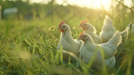 Fototapeta premium Greener landscape with free-range poultry and sunshine, highlighting sustainable farming and a harmonious environment with animals roaming freely