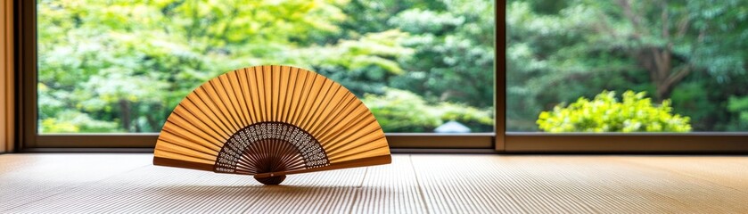 Elegant Wooden Fan in a Serene Japanese Room Overlooking Lush Greenery