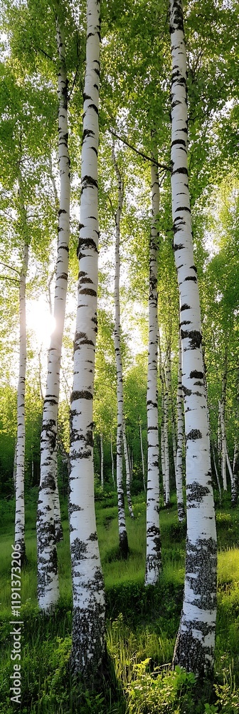Poster majestic birch trees standing tall in a verdant forest with sunlight streaming through leaves : gene