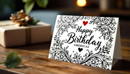 Elegant birthday card with black floral design and gift box on wooden table