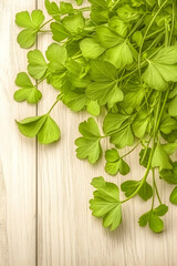 Fresh green leaves on wooden background, nature, healthy, vibrant, food ingredient, cooking, recipe