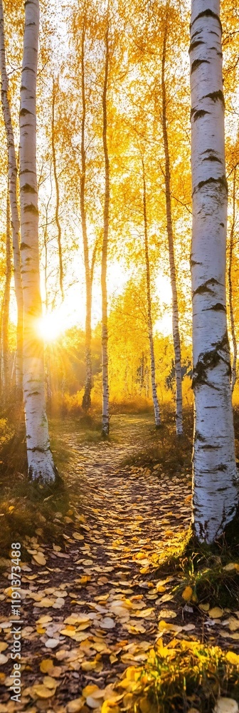 Poster golden autumn pathway through birch tree forest with sunlight breaking through : generative ai