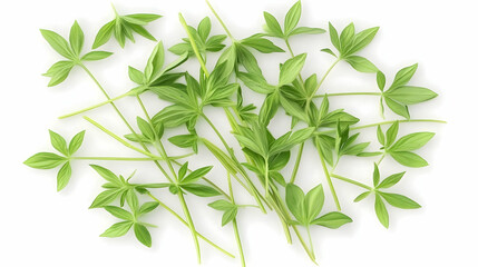 Fresh green leaves, scattered on white background, overhead shot, for culinary or herbal use