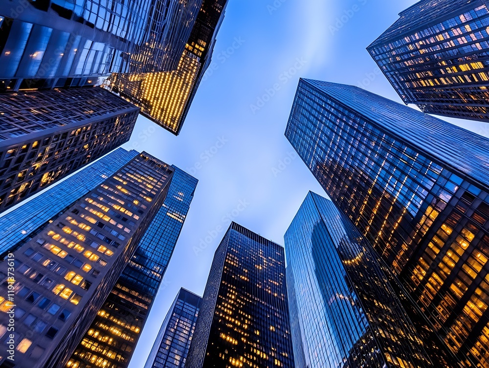 Aufkleber skyscrapers with illuminated windows in urban cityscape at twilight : generative ai