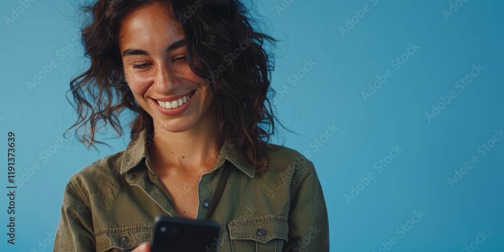 Poster professional woman smiling in a studio, engaged in texting and online networking against a blue back