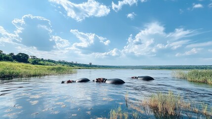 Hippos Relaxing in a River, Serene African Landscape