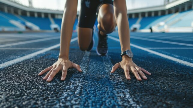 Female athlete in starting position on track, preparing for a competition focused on fitness, endurance, and running challenges