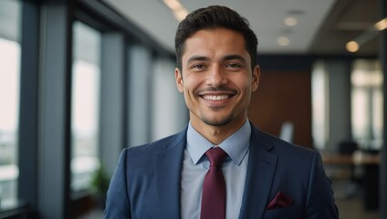  Smiling elegant confident young professional Latino Hispanic business man , male proud leader, smart Latin businessman lawyer